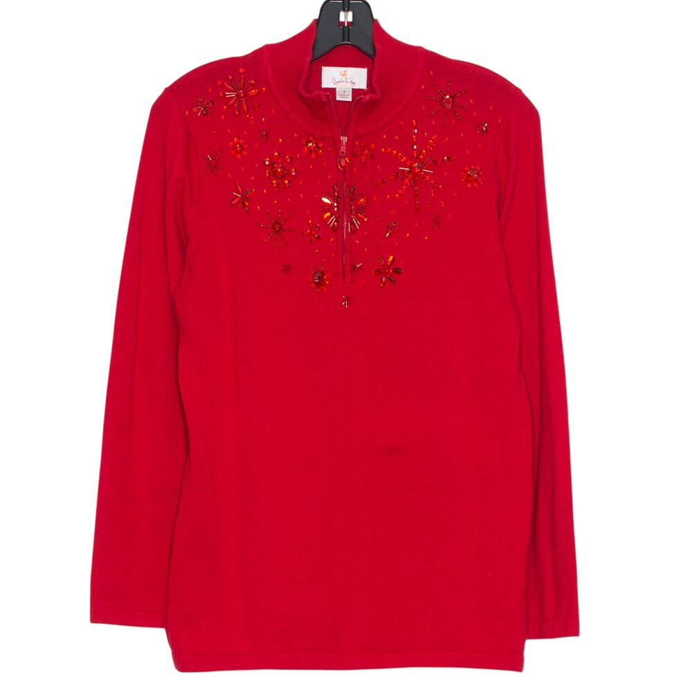 Quacker Factory Sweater 1/4 Zip Embellished Christmas Holiday Festive Red Small